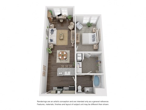 Floor plan for 1 bed, 1 bath, 884 sqft